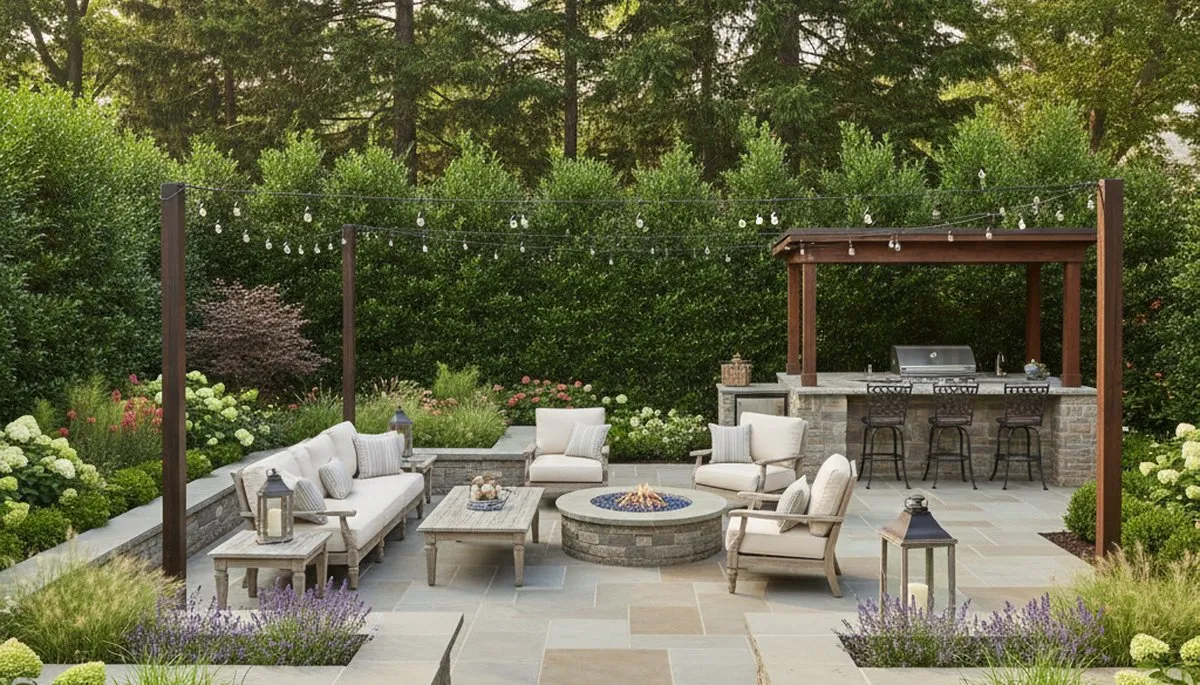 Backyard patio landscape design with lighting and plantings by Chop Chop Landscaping in Highland Park, IL
