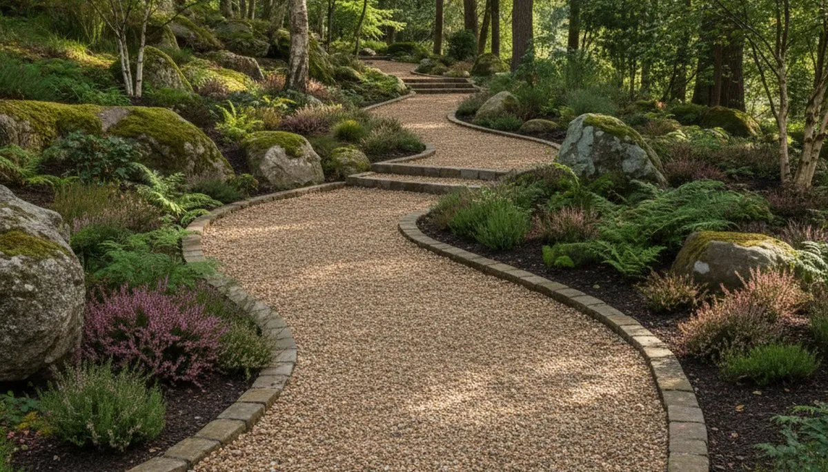 Pea gravel garden path in Highland Park, IL with professional landscaping and natural drainage design