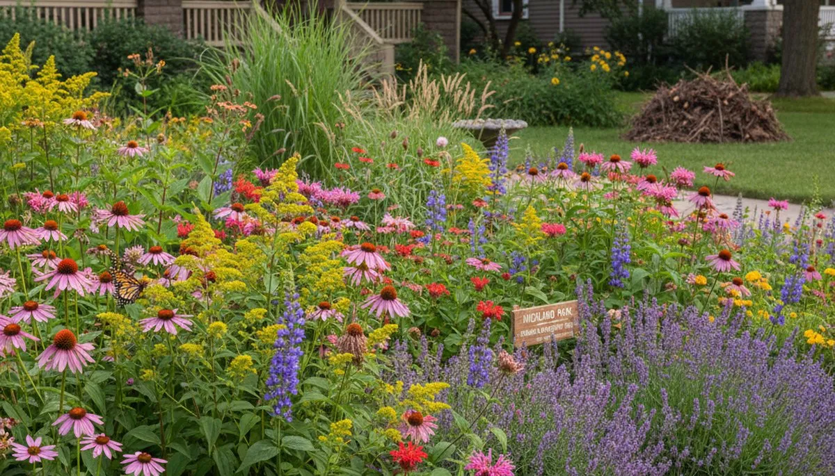Vibrant native pollinator garden with bee-friendly flowers by organic landscapers in Highland Park, IL