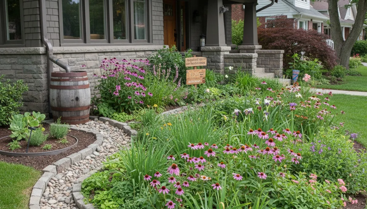 Rain garden with sustainable water system by organic landscapers in Highland Park, IL